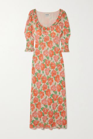 Rixo + Juliette Ruffled Shirred Floral-Print Crepe Midi Dress