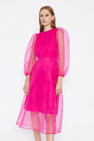 Warehouse + Balloon-Sleeve Organza Dress
