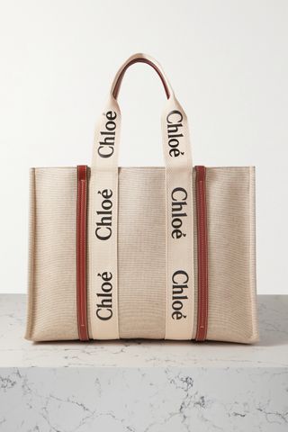 Chloé + Woody Large Leather-Trimmed Cotton-Canvas Tote