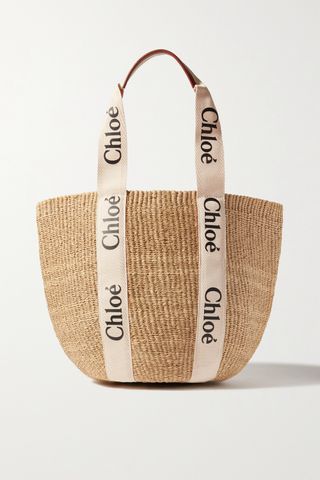 Chloé + Woody Large Printed Canvas and Leather-Trimmed Raffia Basket Bag