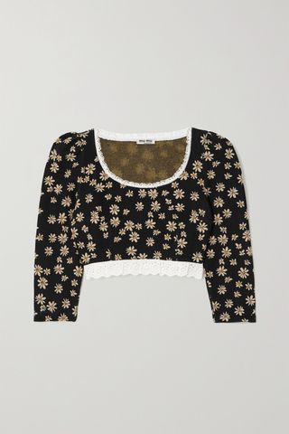 Miu Miu + Cropped Lace-Trimmed Floral Jacquard-Knit Top