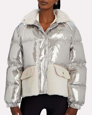Yves Salomon + Shearling-Trimmed Metallic Puffer Jacket