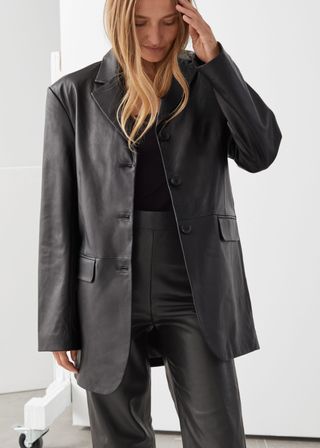 & Other Stories + Long Fitted Padded Shoulder Leather Blazer