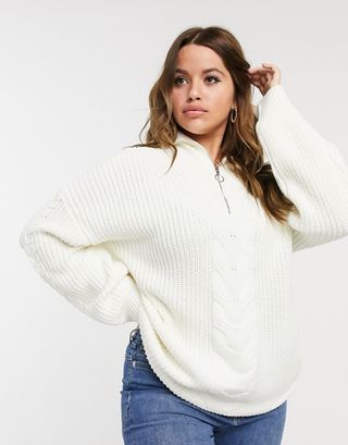 Fashion Union + Fashion Union Plus Sweater With Half-Zip in Cable Knit