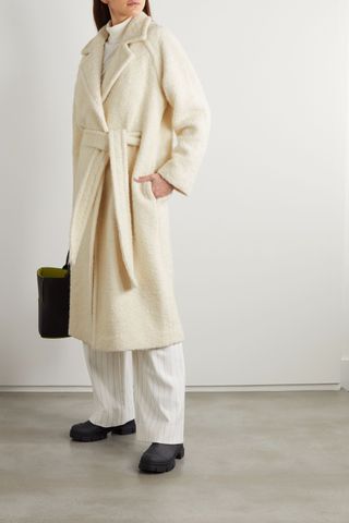 Ganni + Belted Double-Breasted Bouclé Coat