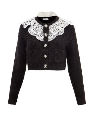 Self-Portrait + Lace-Collar Cropped Cable-Knit Cardigan