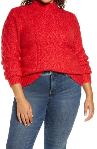 Halogen + x Atlantic-Pacific Mock Neck Cable Knit Sweater