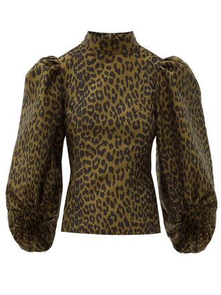 Ganni + Puff-Sleeve Leopard-Jacquard Blouse