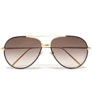 Linda Farrow + Aviator-Style Gold-Tone, Titanium and Leather Sunglasses