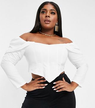 Club L London + Off Shoulder Corset Top With Volume Sleeve Detail in White
