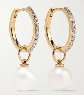 Mateo + 14-Karat Gold, Diamond and Pearl Hoop Earrings