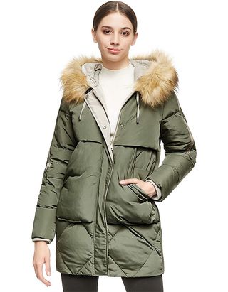Orolay + Mid-Length Down Jacket With Removable Fur Hood