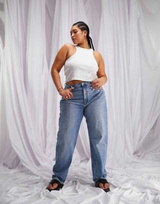 ASOS + Curve High Waist 'Slouchy' Mom Jeans in Stonewash