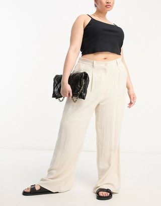 ASOS Curve + Dad Pant With Linen in Stone