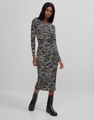 Bershka + Zebra Print Midi Dress With Ruching in Black