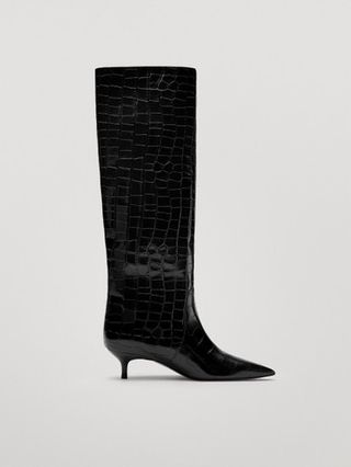 Massimo Dutti + Black Animal Print Mid-Heel Leather Boots
