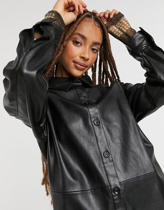 Pull&Bear + Faux Leather Shirt in Black