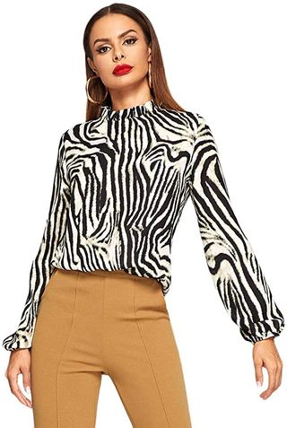 Romwe + Printed Stand Collar Top