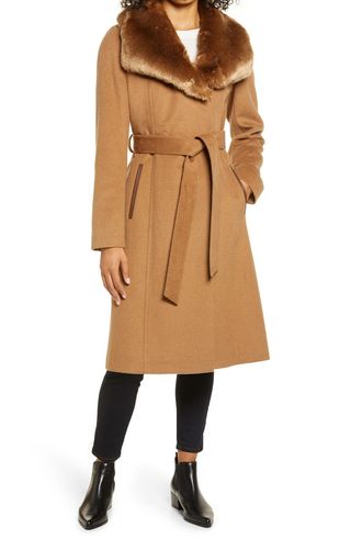 Via Spiga + Faux Fur Trim Belted Wool Blend Coat
