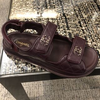 Chanel + Leather Dad Sandals in Burgundy