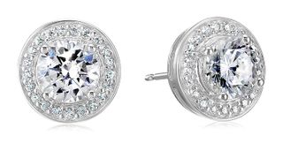 Amazon Essentials + Plated Sterling Silver Cubic Zirconia Halo Stud Earrings