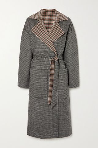 Nanushka + Alamo Reversible Belted Houndstooth Wool and Silk-Blend Coat