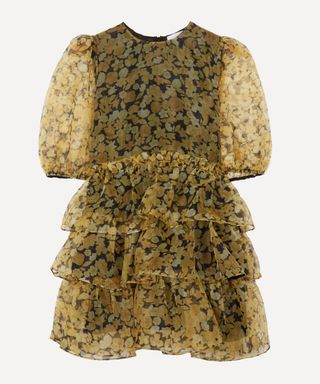 Ganni + Organza Puff-Sleeve Tiered Mini-Dress