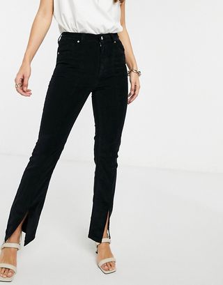 ASOS + High Rise Sassy Cigarette Jeans With Front Slit in Black Cord