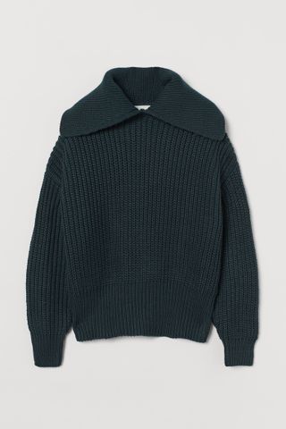 H&M + Collared Rib-Knit Jumper in Dark Green