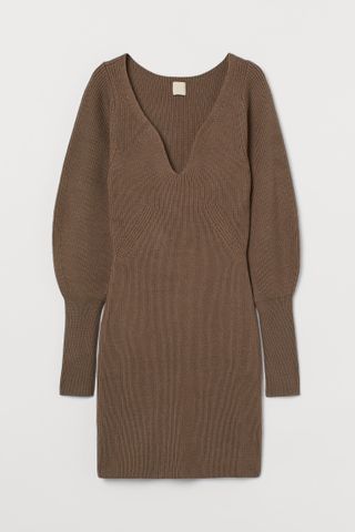 H&M + Rib-Knit Dress in Brown