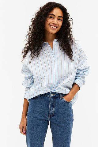 Monki + Blue Striped Oversized Cotton Shirt