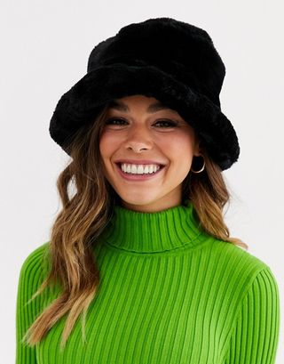 ASOS Design + Faux Fur Roll Back Bucket Hat