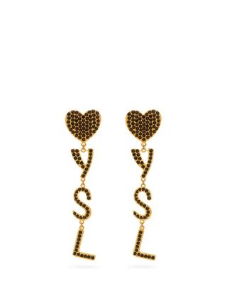 Saint Laurent + YSL Crystal Heart Drop Clip Earrings