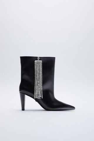 Zara + Leather Ankle Boots With Sparkly Fringe