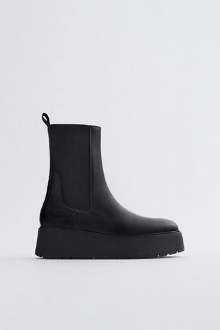 Zara + Flat Platform Leather Ankle Boots