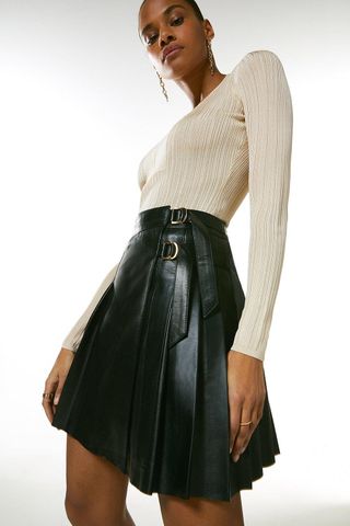Karen Millen + Leather Pleated Buckle Kilt Skirt