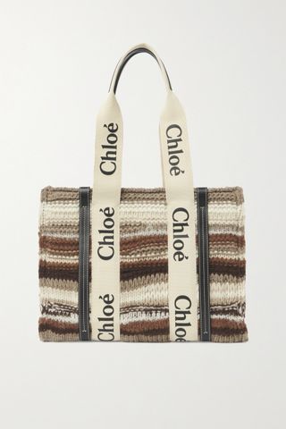 Chloé + Woody Medium Leather-Trimmed Striped Recycled Cashmere-Blend Tote