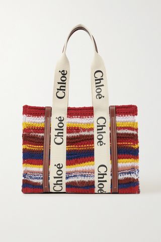 Chloé + Woody Medium Leather-Trimmed Striped Recycled Cashmere-Blend Tote