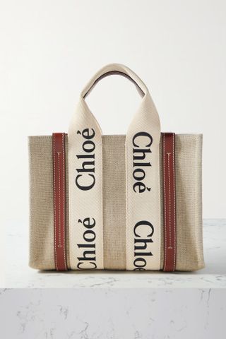 Chloé + Woody Small Embroidered Leather-Trimmed Canvas Tote