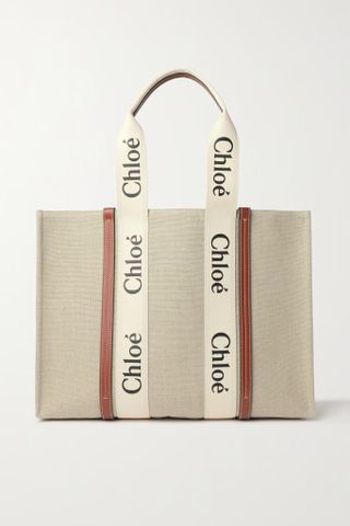 Chloé + Woody Large Leather-Trimmed Cotton-Canvas Tote