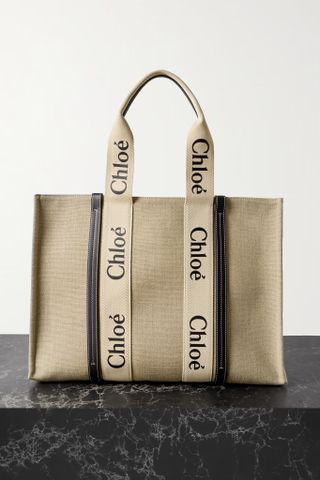 Chloé + Woody Large Leather-Trimmed Cotton-Canvas Tote