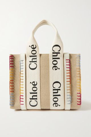 Chloé + Woody Small Leather-Trimmed Linen Canvas Tote