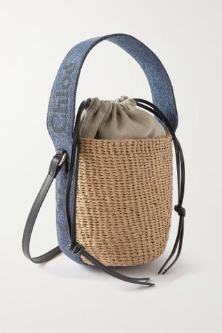 Chloé + Woody Small Denim-Trimmed Raffia Basket Bag