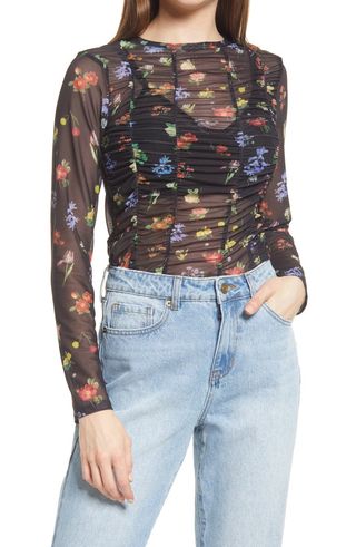 Topshop + Floral Ruched Mesh Long Sleeve Top