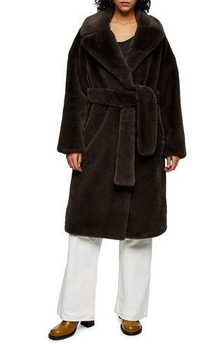 Topshop + Bella Belted Long Faux Fur Coat
