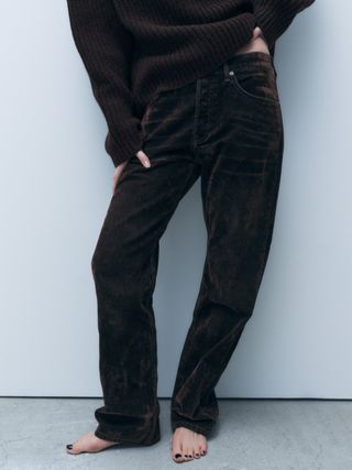 Zara + Mid-Waist Relaxed Velvet Jeans
