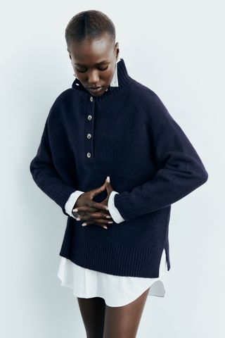 Zara + Buttoned High Collar Knit Sweater