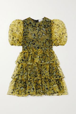Ganni + Ruffled Tiered Floral-Print Organza Mini Dress