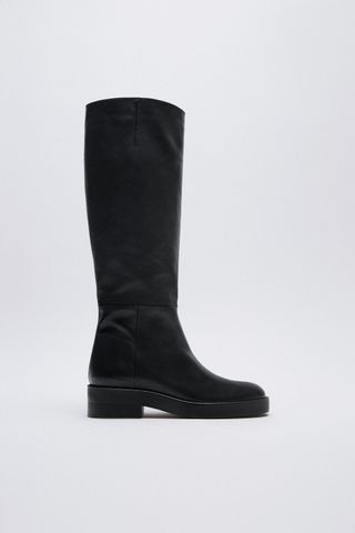 Zara + Low Heeled Leather Tall Boots
