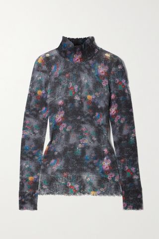 R13 + Distressed Floral-Print Cashmere Turtleneck Sweater